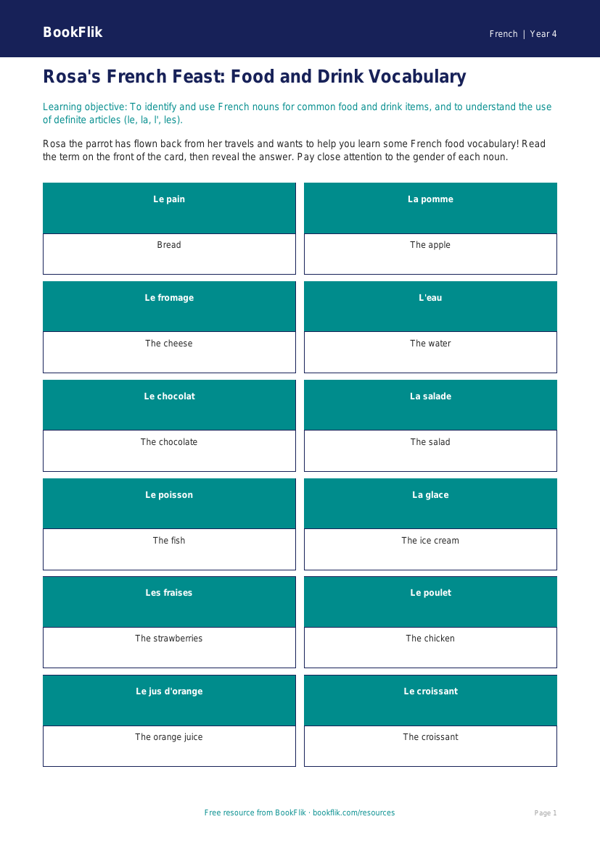 French Food Flashcards for Grade 3 | Free Printable | BookFlik worksheet preview — French Food