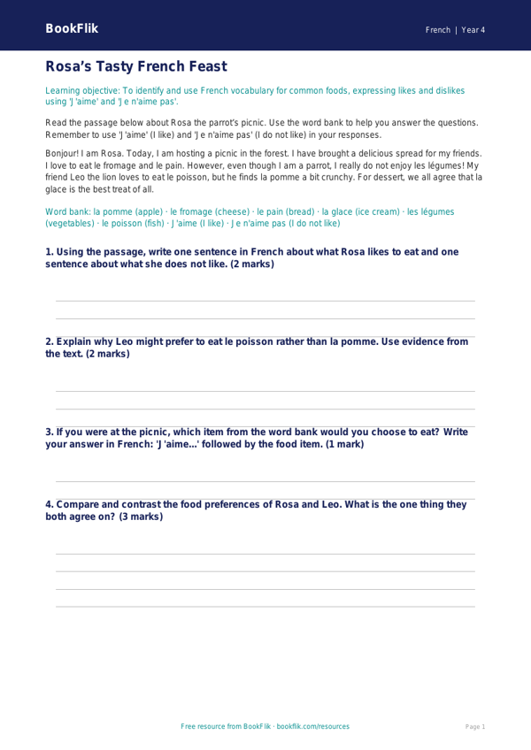 Food Track Sheet: Grade 3 French Lesson | BookFlik worksheet preview — French Food