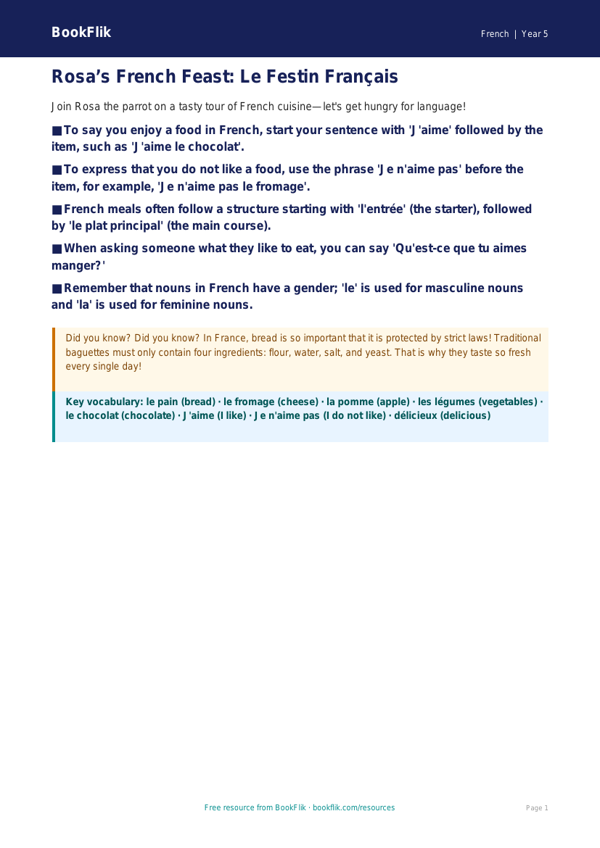 Free Food Poster | Grade 4 | French | BookFlik worksheet preview — French Food
