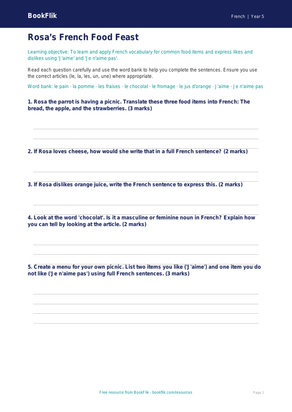 French Food Worksheet for Grade 4 | BookFlik worksheet preview — French Food