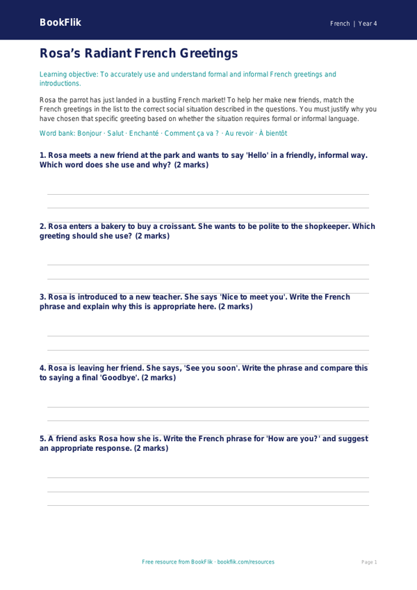Free French Greetings Activity Sheet | Grade 3 | BookFlik worksheet preview — French Greetings