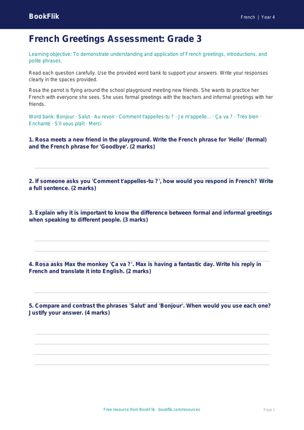 French Greetings Assessment for Grade 3 | BookFlik worksheet preview — French Greetings