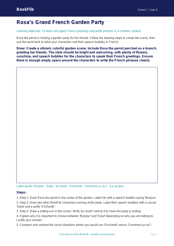 Free French Greetings Drawing Sheet | Grade 3 | BookFlik worksheet preview — French Greetings