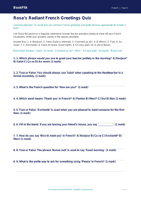 Free Greetings Quiz | Grade 3 | French | BookFlik worksheet preview — French Greetings