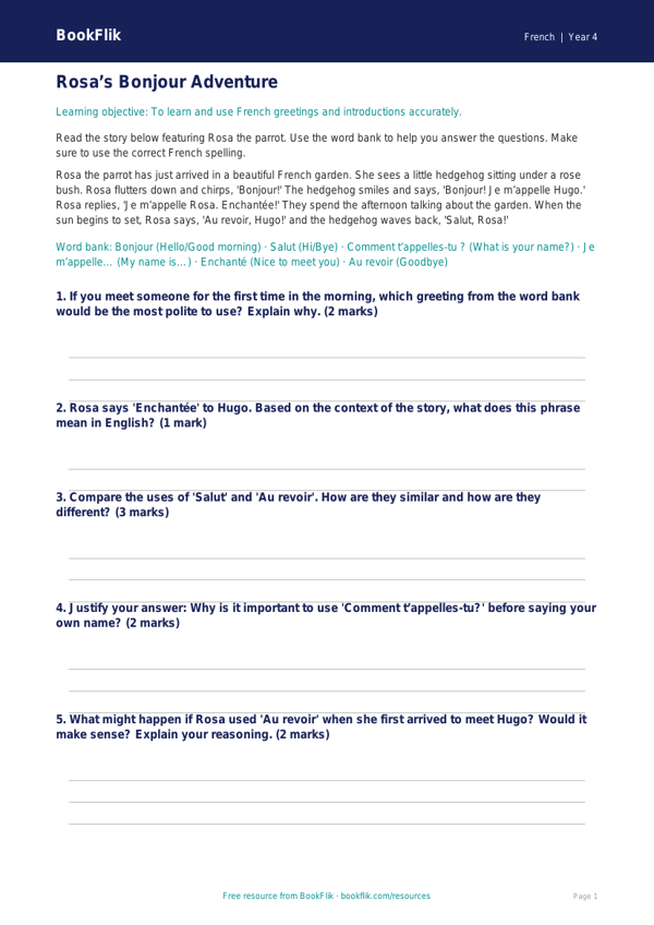 Free Greetings Track Sheet | Grade 3 | French | BookFlik worksheet preview — French Greetings