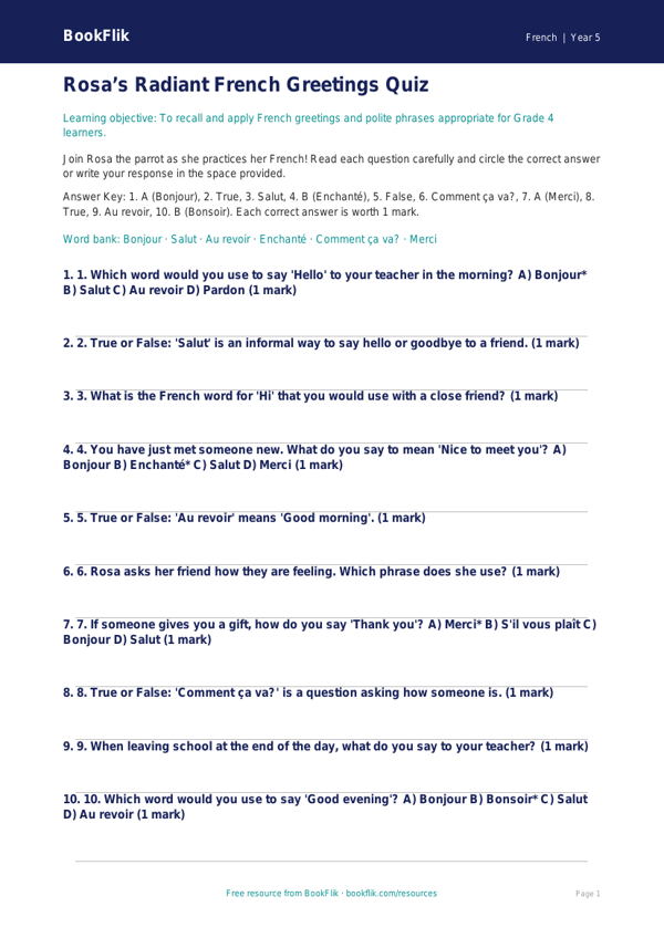 French Greetings Quiz for Grade 4 | Free Printable | BookFlik worksheet preview — French Greetings