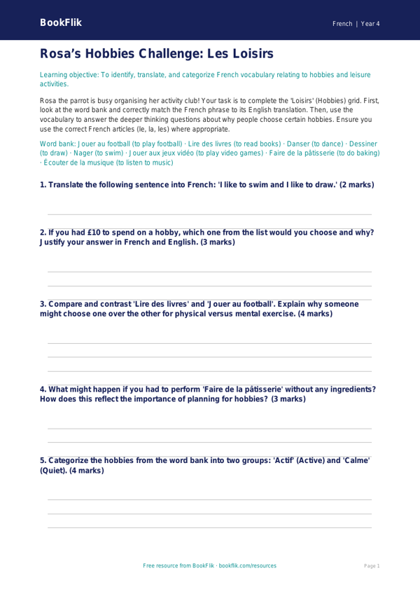 Free Hobbies Activity Sheet | Grade 3 | French | BookFlik worksheet preview — French Hobbies