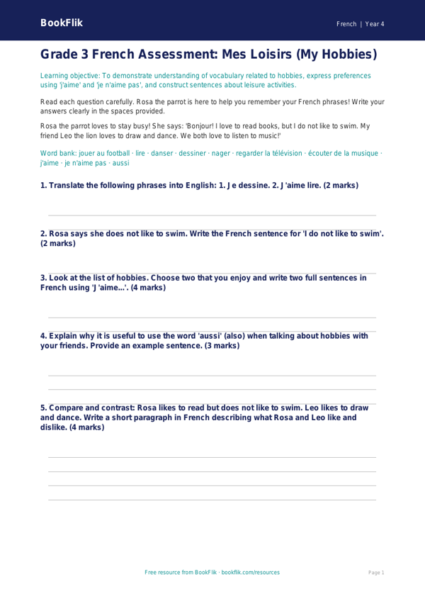 Free Hobbies Assessment | Grade 3 | French | BookFlik worksheet preview — French Hobbies