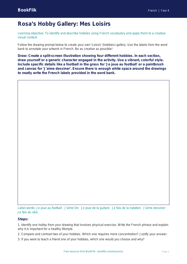 Free Hobbies Drawing Sheet | Grade 3 | French | BookFlik worksheet preview — French Hobbies