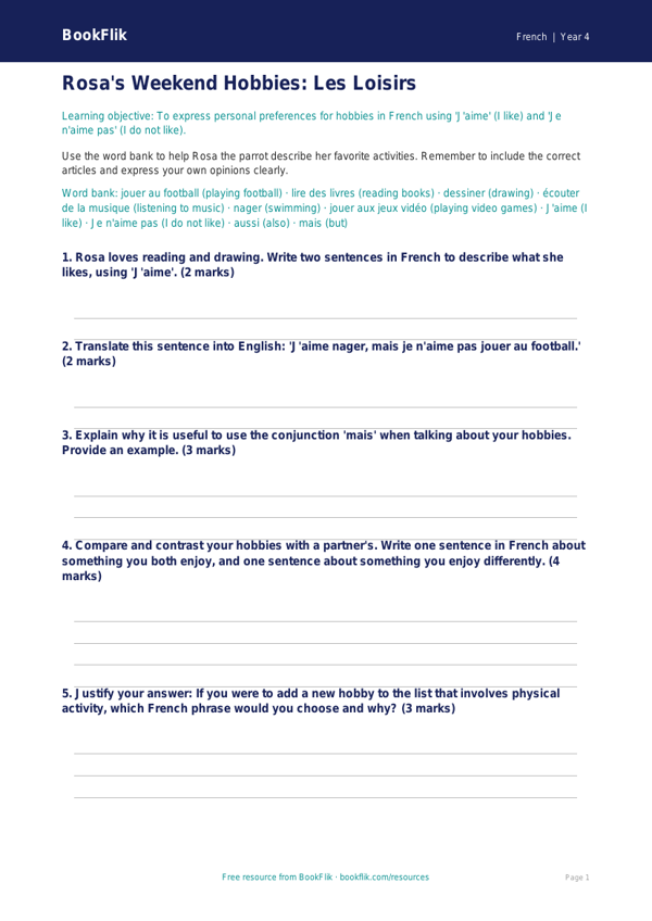 Free Hobbies Worksheet | Grade 3 | French | BookFlik worksheet preview — French Hobbies