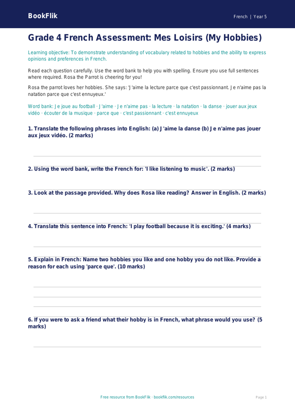 Free Hobbies Assessment | Grade 4 | French | BookFlik worksheet preview — French Hobbies
