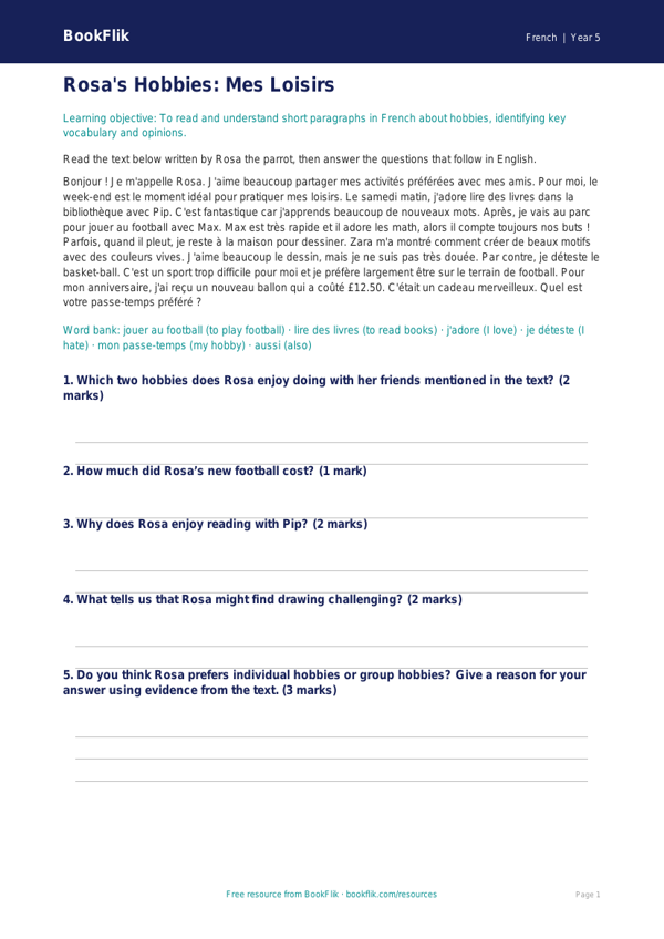 Free Hobbies Comprehension | Grade 4 | French | BookFlik worksheet preview — French Hobbies