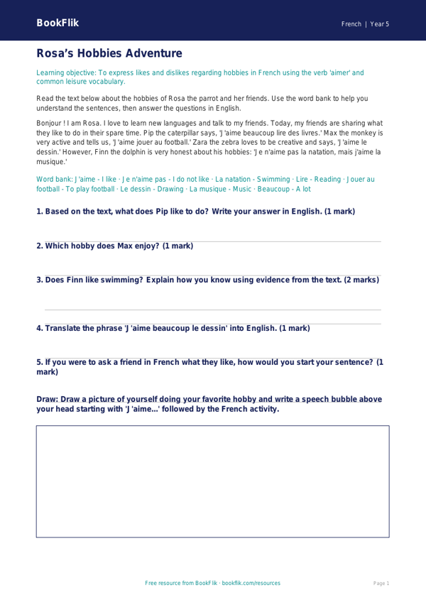 Free Hobbies Track Sheet | Grade 4 | French | BookFlik worksheet preview — French Hobbies