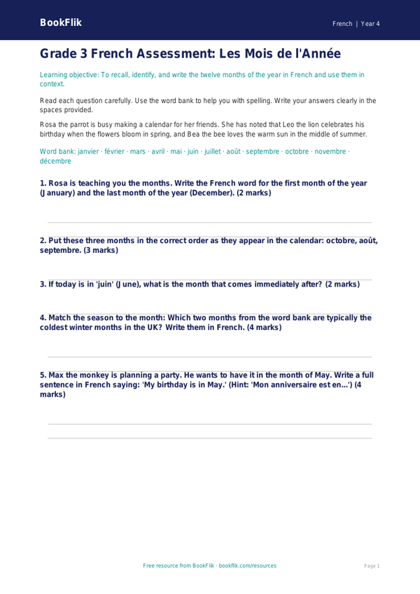 Free Months Of The Year Assessment | Grade 3 | French | BookFlik worksheet preview — French Months Of The Year