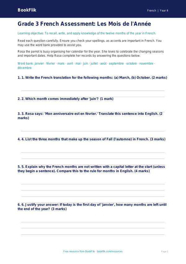 Free Months Of The Year Assessment | Grade 3 | French | BookFlik worksheet preview — French Months Of The Year
