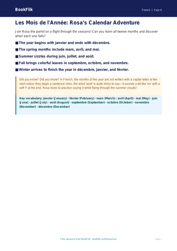 Free Months Of The Year Poster | Grade 3 | French | BookFlik worksheet preview — French Months Of The Year