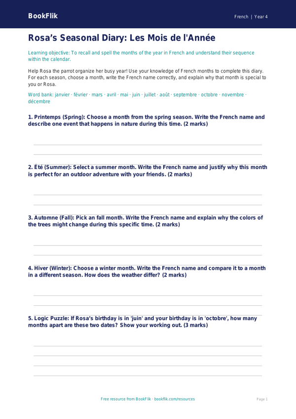 Free Months Of The Year Template | Grade 3 | French | BookFlik worksheet preview — French Months Of The Year