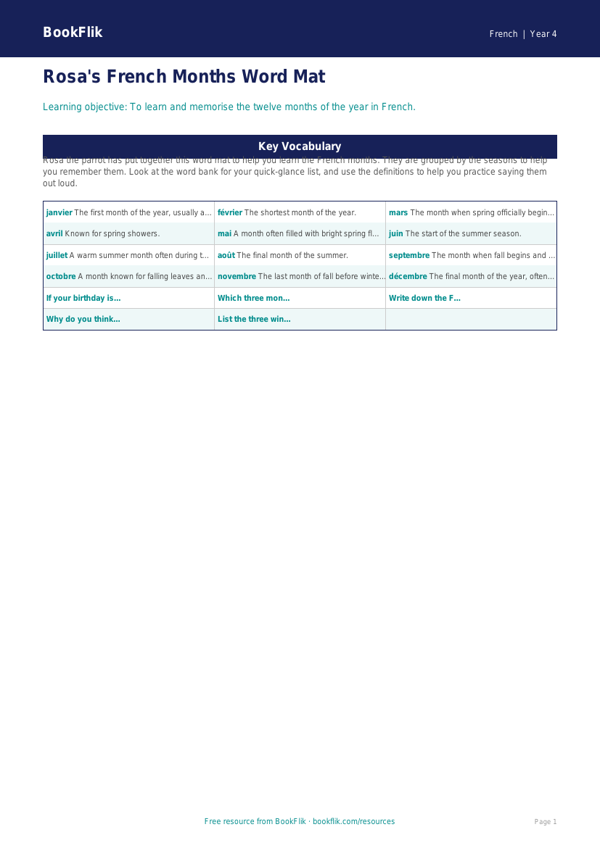 Free Months Of The Year Word Mat | Grade 3 | French | BookFlik worksheet preview — French Months Of The Year