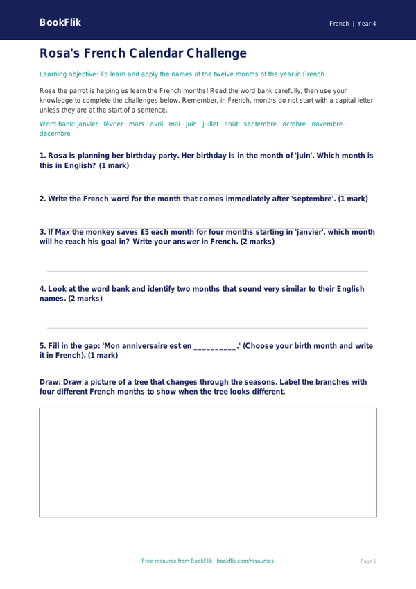 Free Months Of The Year Worksheet | Grade 3 | French | BookFlik worksheet preview — French Months Of The Year