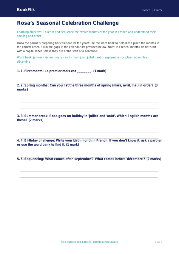 Free Months Of The Year Activity Sheet | Grade 4 | French | BookFlik worksheet preview — French Months Of The Year
