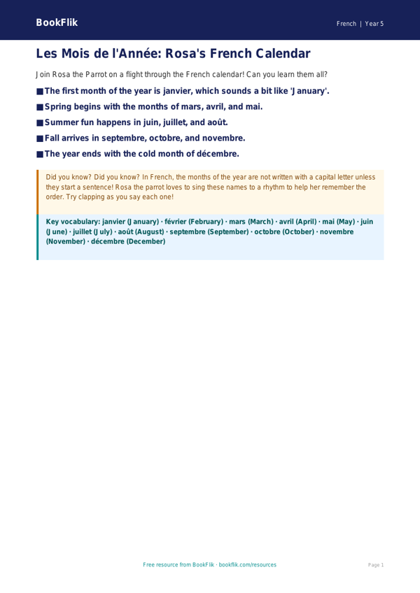 Free Months Of The Year Poster | Grade 4 | French | BookFlik worksheet preview — French Months Of The Year