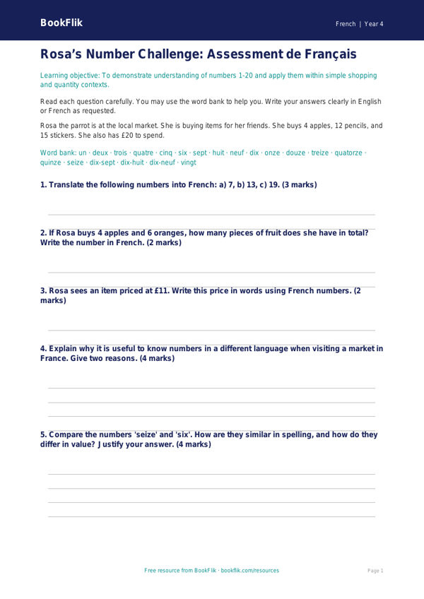 French Numbers Assessment Grade 3 | Greater Depth | BookFlik worksheet preview — French Numbers