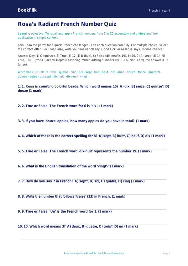 French Numbers Quiz for Grade 3 | Greater Depth | BookFlik worksheet preview — French Numbers