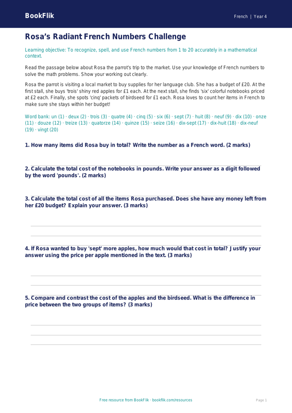 Free French Numbers Track Sheet | Grade 3 | BookFlik worksheet preview — French Numbers