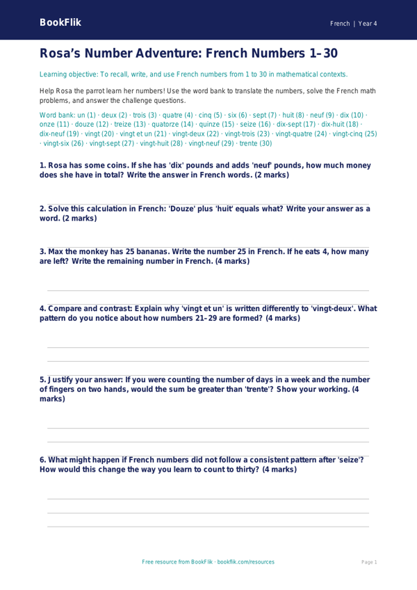 Free French Numbers Worksheet | Grade 3 Math & Language | BookFlik worksheet preview — French Numbers