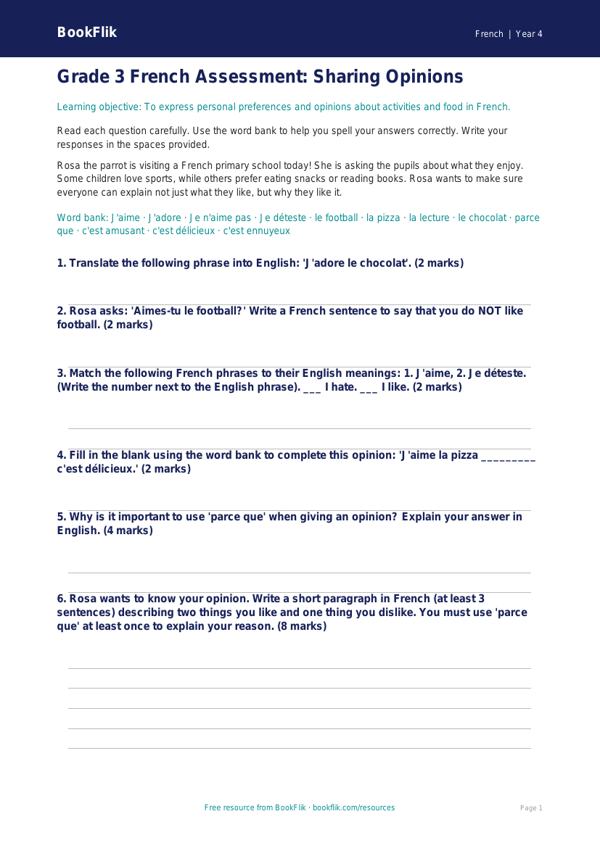 Free Opinion Phrases Assessment | Grade 3 | French | BookFlik worksheet preview — French Opinion Phrases