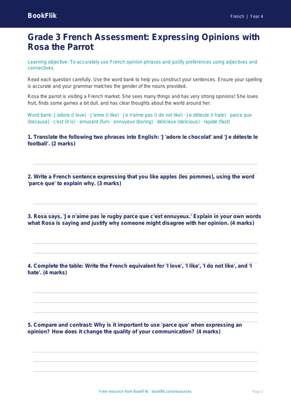 Opinion Phrases Assessment | Grade 3 French | BookFlik worksheet preview — French Opinion Phrases