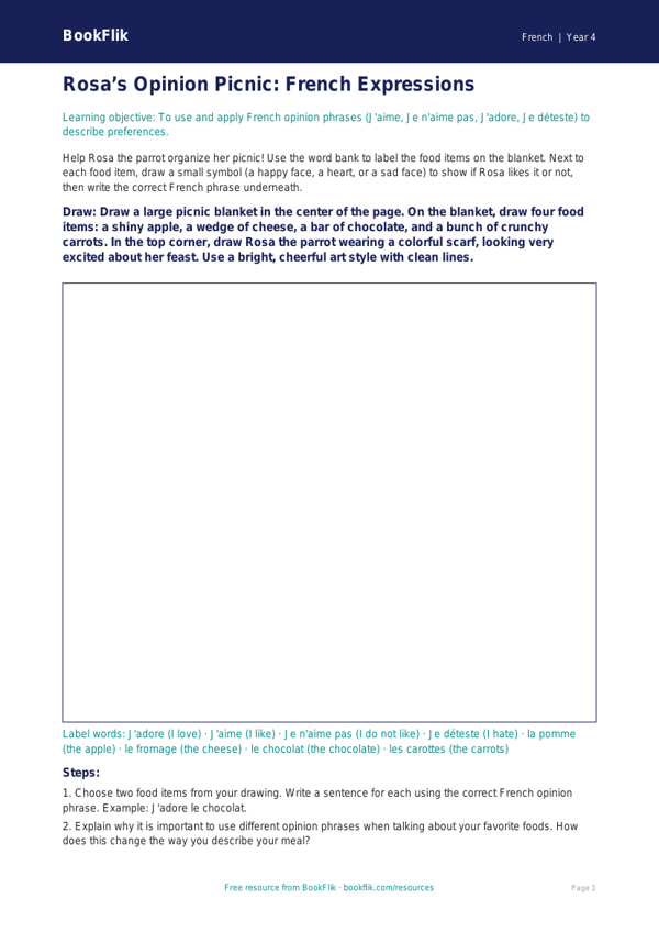Free Opinion Phrases Drawing Sheet | Grade 3 | French | BookFlik worksheet preview — French Opinion Phrases