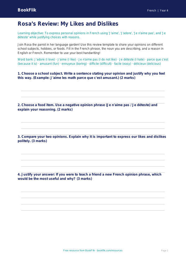 Free Opinion Phrases Template | Grade 3 | French | BookFlik worksheet preview — French Opinion Phrases