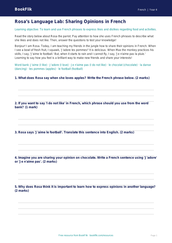 Free Opinion Phrases Track Sheet | Grade 3 | French | BookFlik worksheet preview — French Opinion Phrases