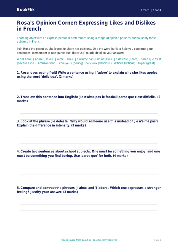 Free Opinion Phrases Worksheet | Grade 3 | French | BookFlik worksheet preview — French Opinion Phrases