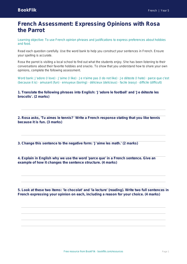Free Opinion Phrases Assessment | Grade 4 | French | BookFlik worksheet preview — French Opinion Phrases