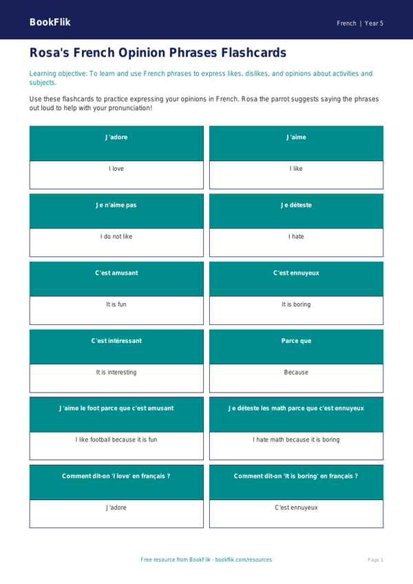 Free French Opinion Phrases Flashcards | Grade 4 | BookFlik worksheet preview — French Opinion Phrases