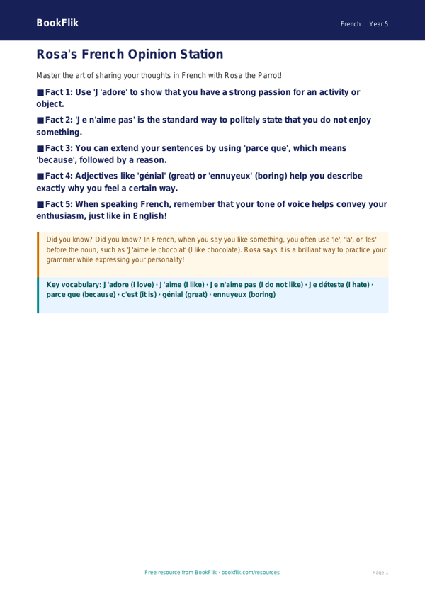 Free Opinion Phrases Poster | Grade 4 | French | BookFlik worksheet preview — French Opinion Phrases
