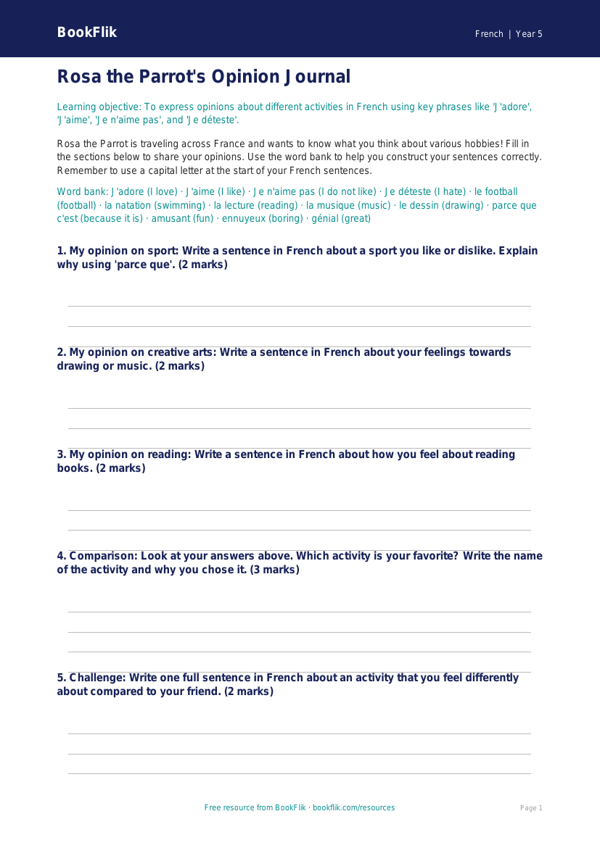 Free Opinion Phrases Template | Grade 4 | French | BookFlik worksheet preview — French Opinion Phrases
