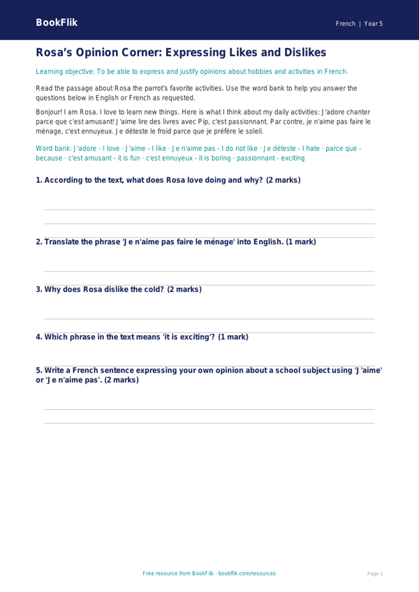 Free Opinion Phrases Track Sheet | Grade 4 | French | BookFlik worksheet preview — French Opinion Phrases