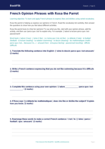 Free Opinion Phrases French Worksheet | Grade 4 | BookFlik