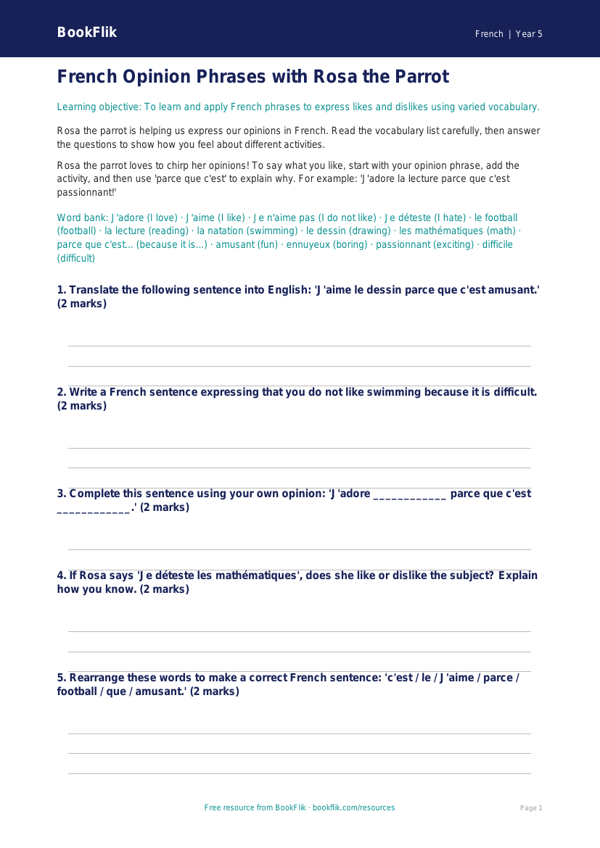 Free Opinion Phrases French Worksheet | Grade 4 | BookFlik worksheet preview — French Opinion Phrases