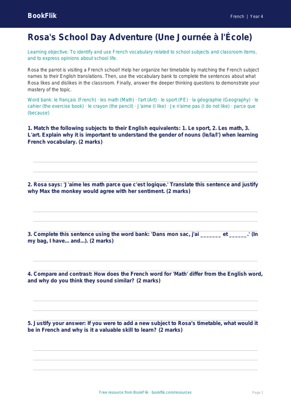 Free School Activity Sheet | Grade 3 | French | BookFlik worksheet preview — French School