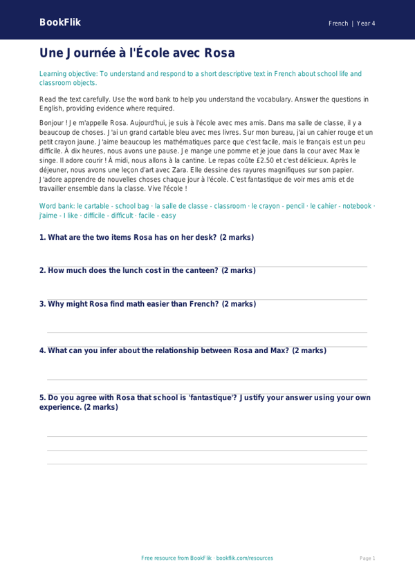 Free School Comprehension | Grade 3 | French | BookFlik worksheet preview — French School