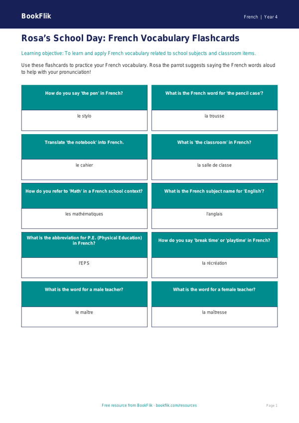 Free School Flashcards | Grade 3 | French | BookFlik worksheet preview — French School