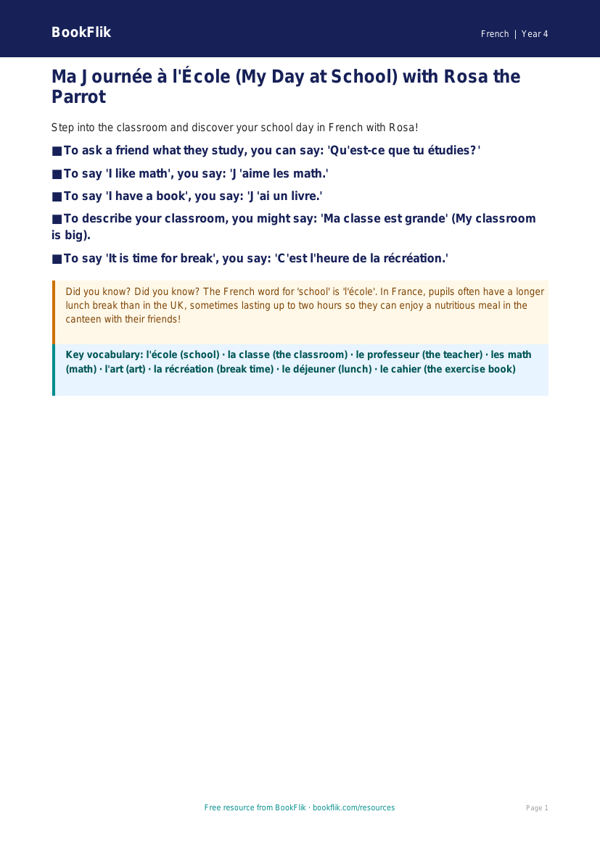 Free School Poster | Grade 3 | French | BookFlik worksheet preview โ French School