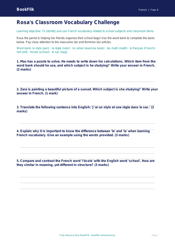 Free School Worksheet | Grade 3 | French | BookFlik worksheet preview — French School