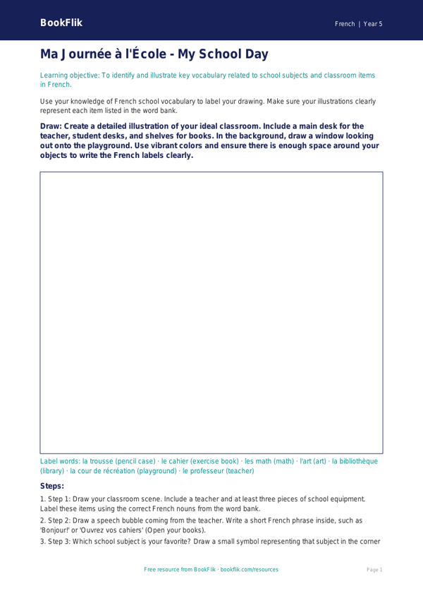 Free School Drawing Sheet | Grade 4 | French | BookFlik worksheet preview — French School