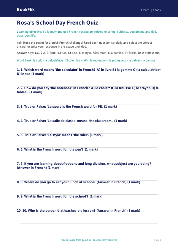 Free School Quiz | Grade 4 | French | BookFlik worksheet preview — French School