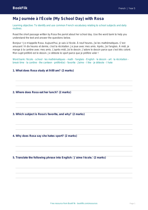 Free School Track Sheet | Grade 4 | French | BookFlik worksheet preview — French School